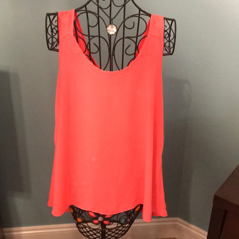 Bright coral and turquoise bow back top